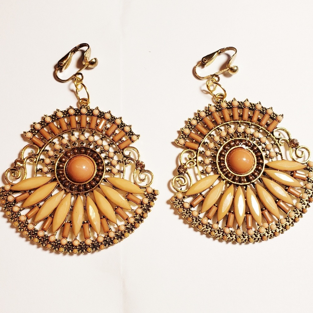 2.5" Gold Plated BROWN Vint Resin Beaded Clips